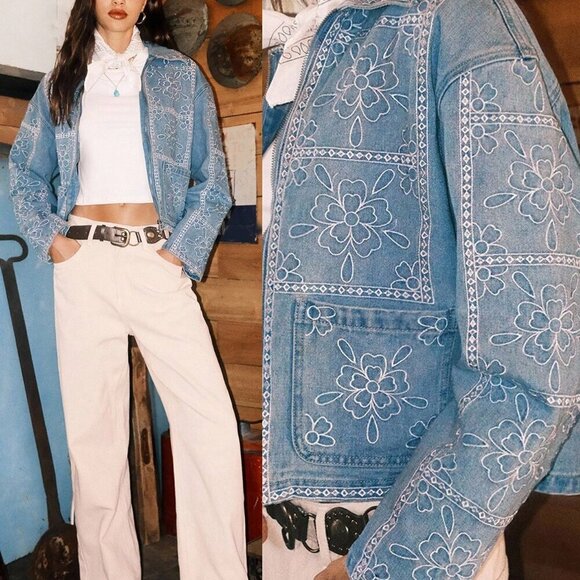 Blue Casual Women's Flower Embroidery Denim Jacket - Picture 6 of 11